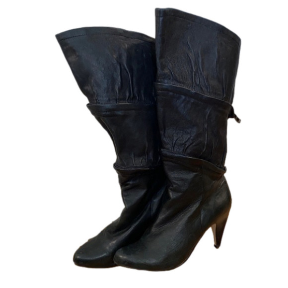 Messeca Black Leather Knee High Tiered Adjustable Heeled Boots 90's  (Size 6.5M) - Picture 3 of 14